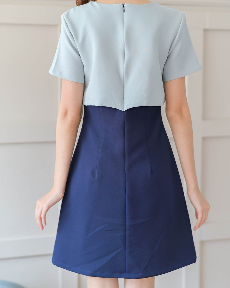 <已補貨> Pluto Dress 特色仿兩件拼色A型連身裙 - Navy 深藍色 (CB611)