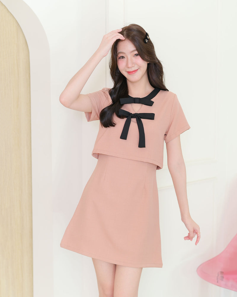 Bowie Dress 雙蝴蝶拼領口短袖連身裙- Orange Pink 粉橙色 (CB627)