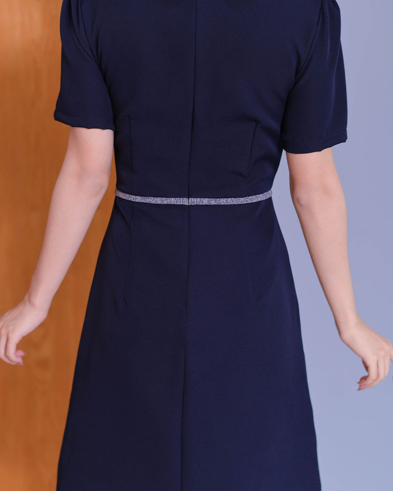 Esther Dress - 拼色小蝴蝶結領口連身裙- Navy 深藍色 (CB693)