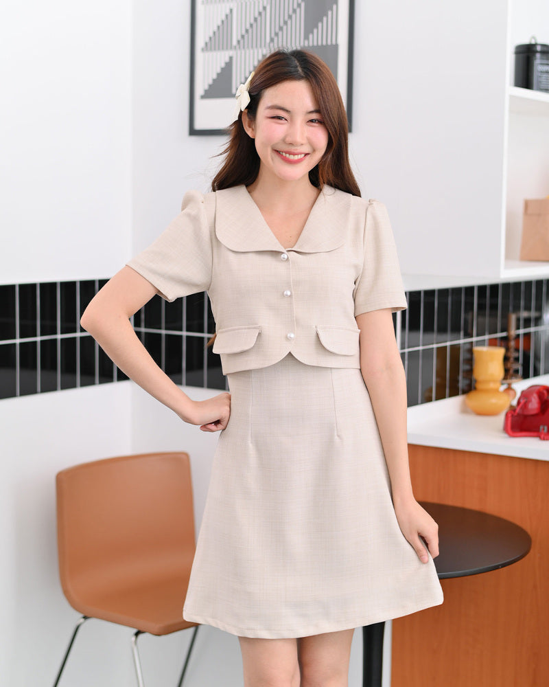 Fiona Dress -可愛仿兩件麻質套裝連身裙- Beige 米色 (CB691)