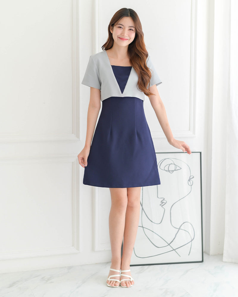 <已補貨> Pluto Dress 特色仿兩件拼色A型連身裙 - Navy 深藍色 (CB611)
