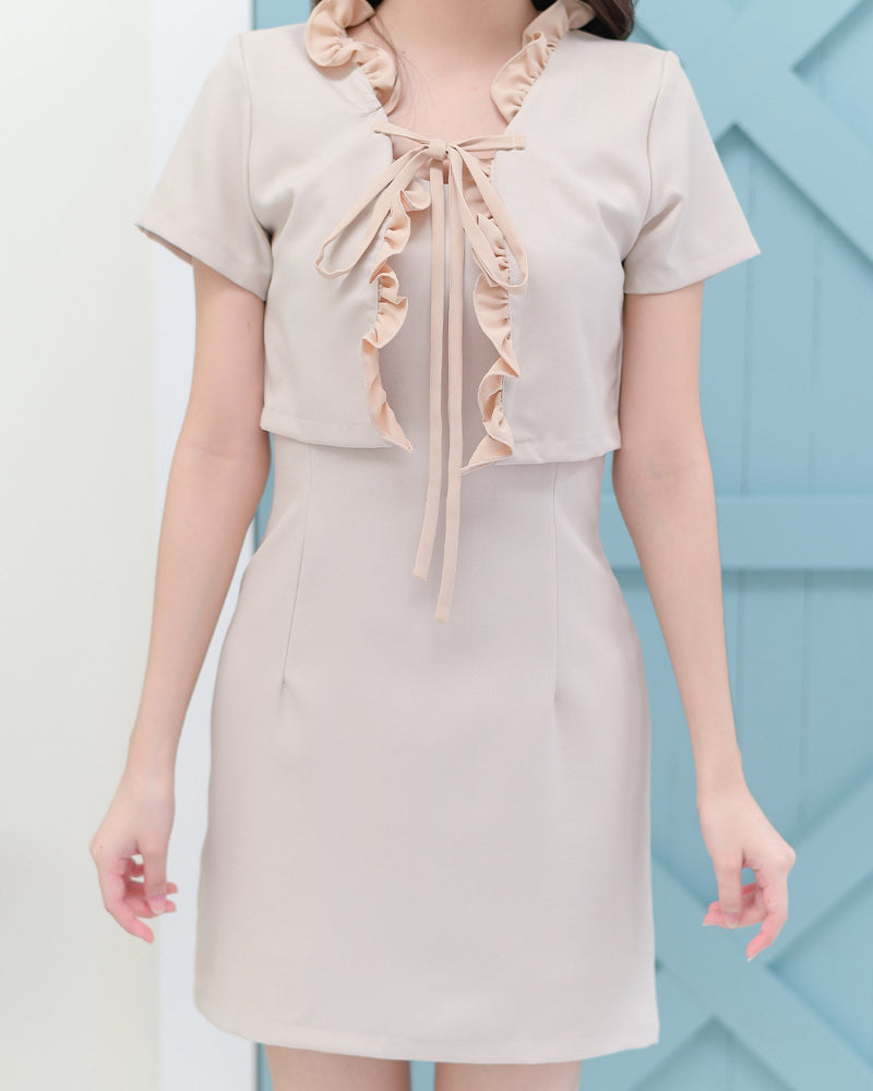 Tata Dress 花花仿小外套短袖連身裙- Beige 米色 (CB628)