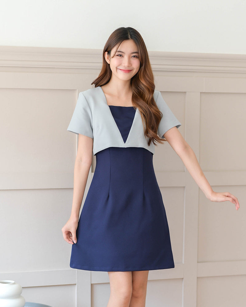 <已補貨> Pluto Dress 特色仿兩件拼色A型連身裙 - Navy 深藍色 (CB611)