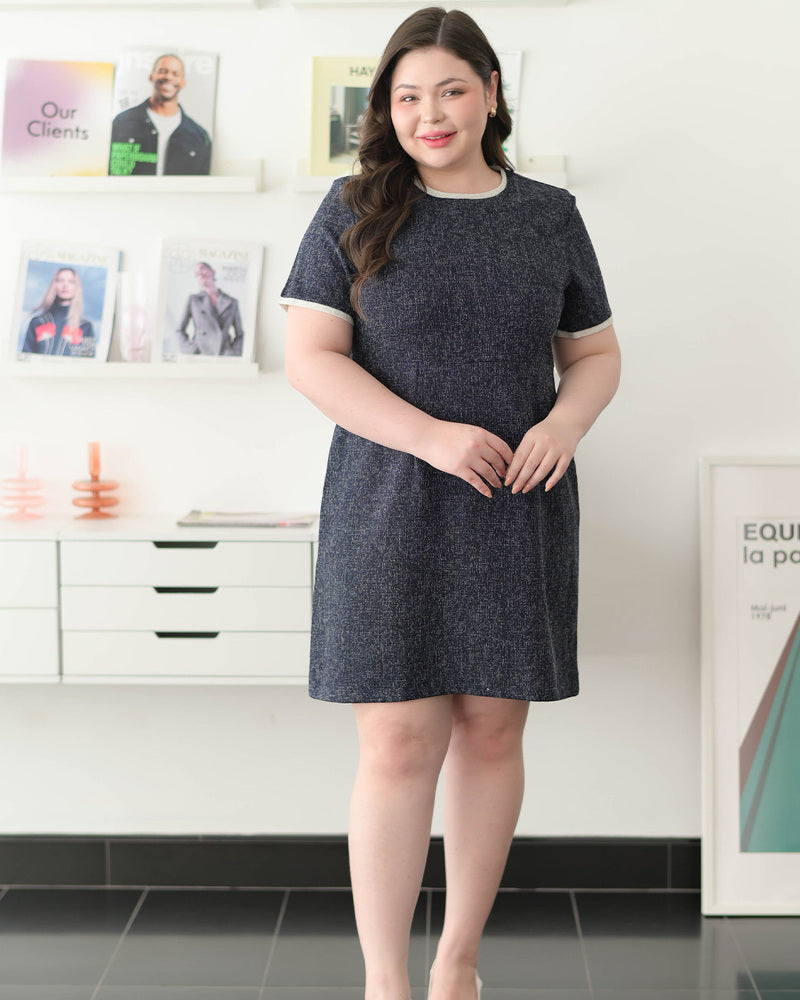 CB609 Benzy Dress 圓領拼色小香風修腰A字連身裙 - Black 黑色 (Oversized)