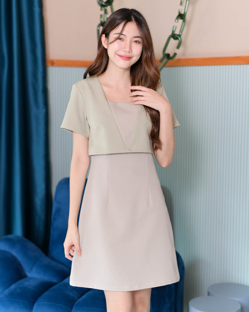 Pluto Dress 特色仿兩件拼色A型連身裙 - Nude Matcha 米綠色 (CB611)
