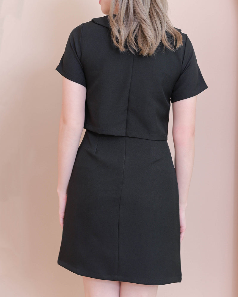 Andi Dress 小領呔圓領仿兩件短袖連身裙- Black 黑色 (CB599)