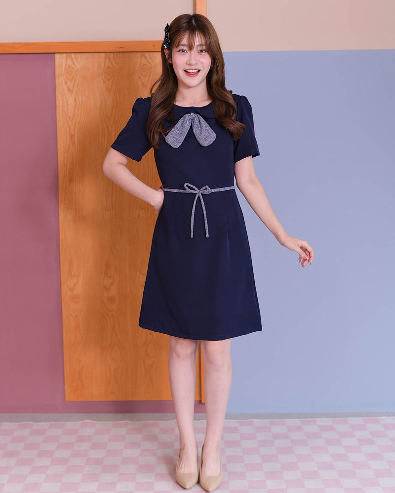 Esther Dress - 拼色小蝴蝶結領口連身裙- Navy 深藍色 (CB693)