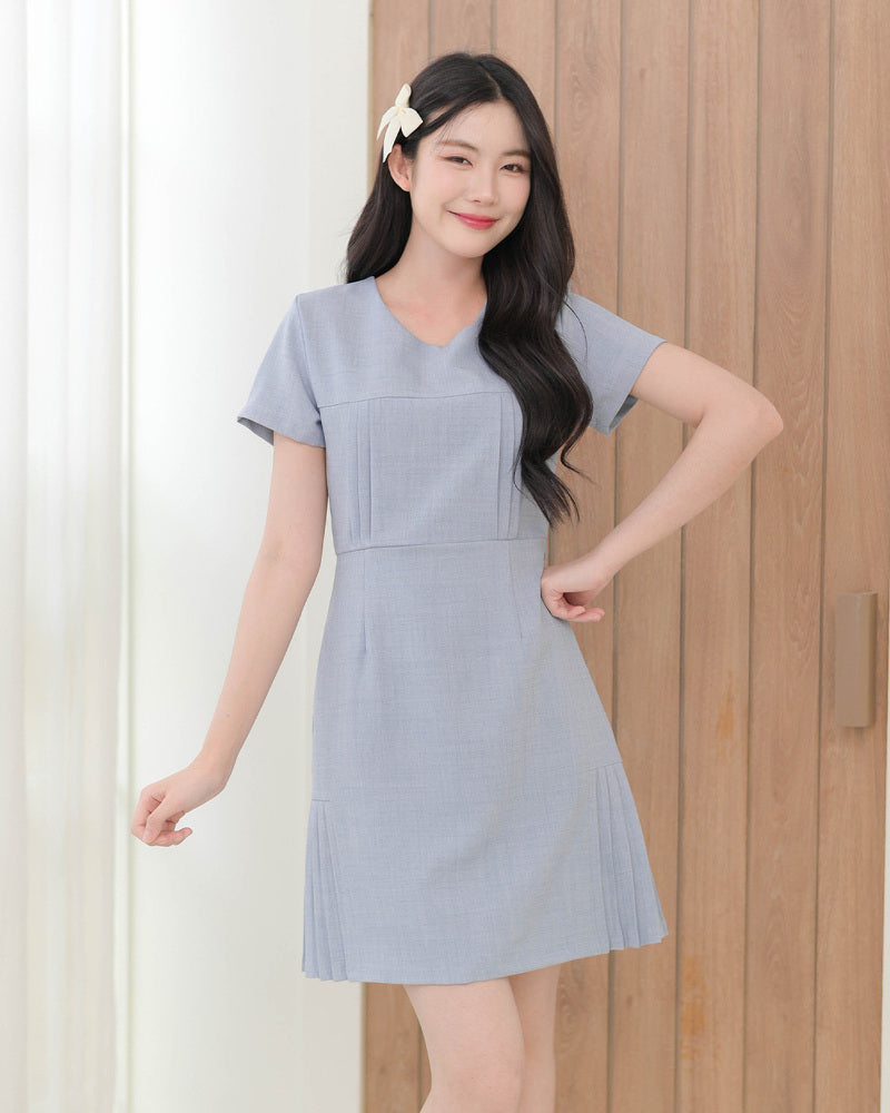 CB687 Nuna Dress -氣質圓領麻質布料連身裙- Grey Blue 藍灰色
