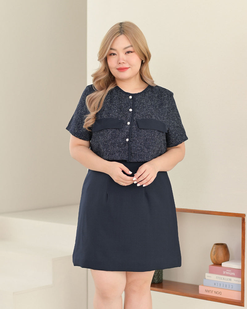 Zuzee Dress 小香風仿兩件外套A字連身裙 - Navy 深藍色 (CB539 Oversize)