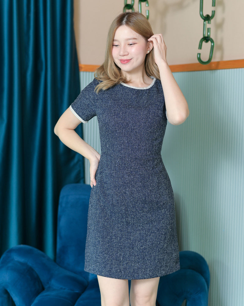 CB609 Benzy Dress 圓領拼色小香風修腰A字連身裙 - Navy 深藍色