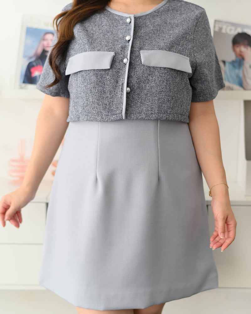 Zuzee Dress 小香風仿兩件外套A字連身裙 - Blue Gray 藍灰色 (CB539 Oversize)