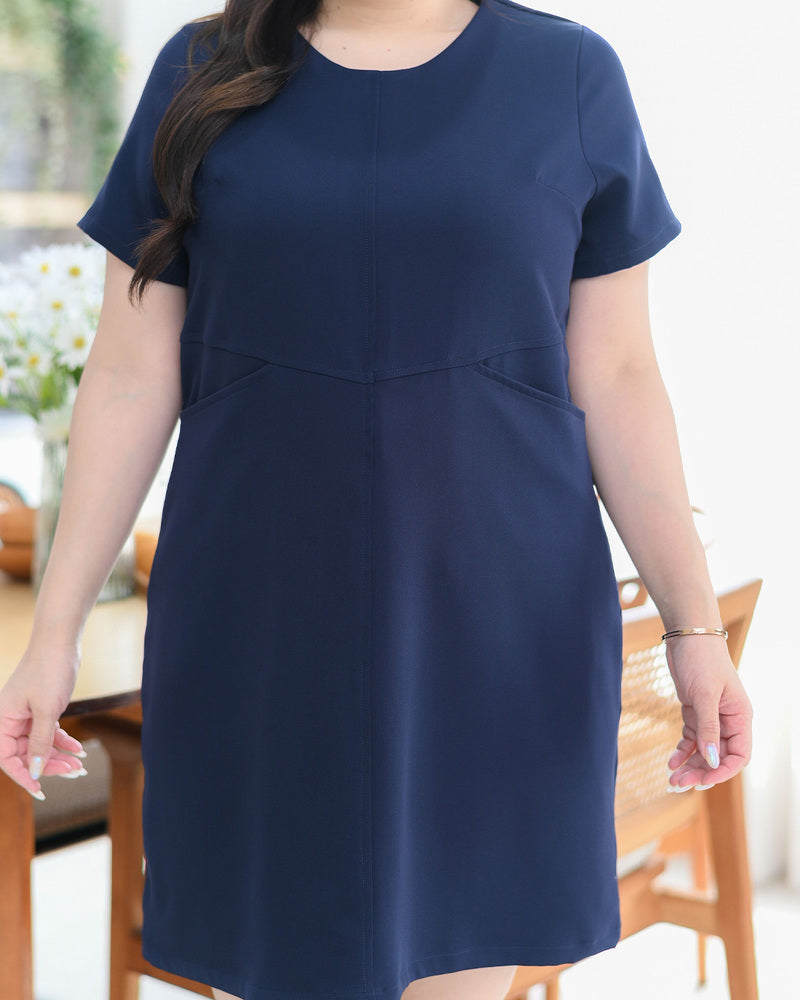 Pocket me Dress 前口袋設計圓領輕便連身裙 - Navy 深藍色 (CB544 oversize)