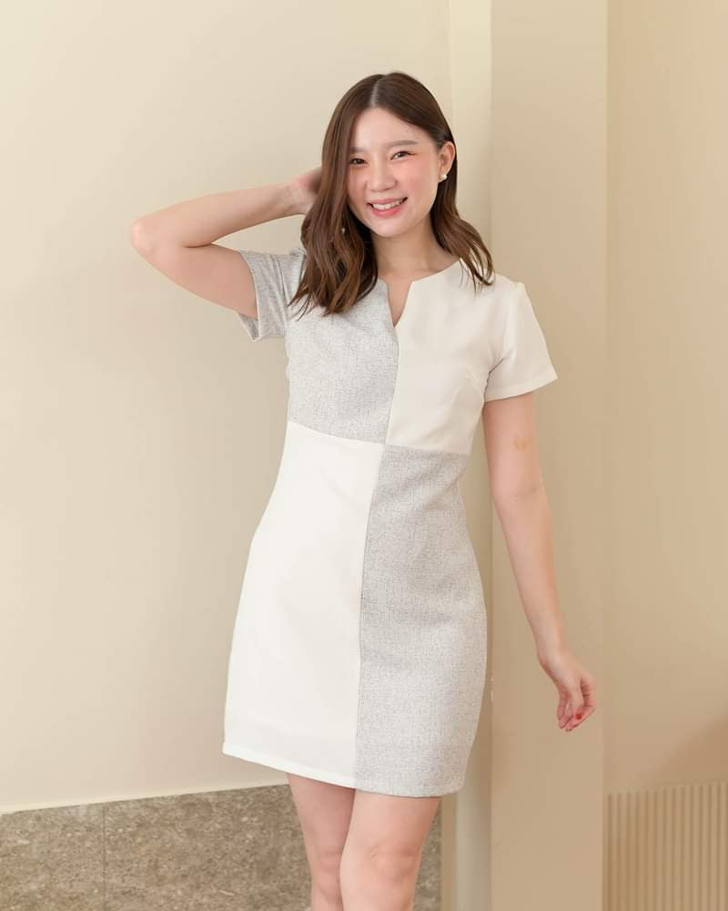 Rikura Dress 拼色格子V領短袖連身裙 - White Gray 白灰色 (CB590)