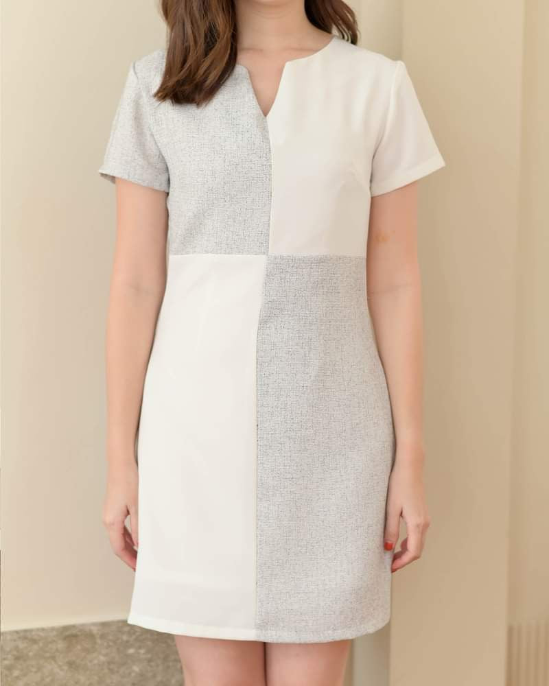 Rikura Dress 拼色格子V領短袖連身裙 - White Gray 白灰色 (CB590)