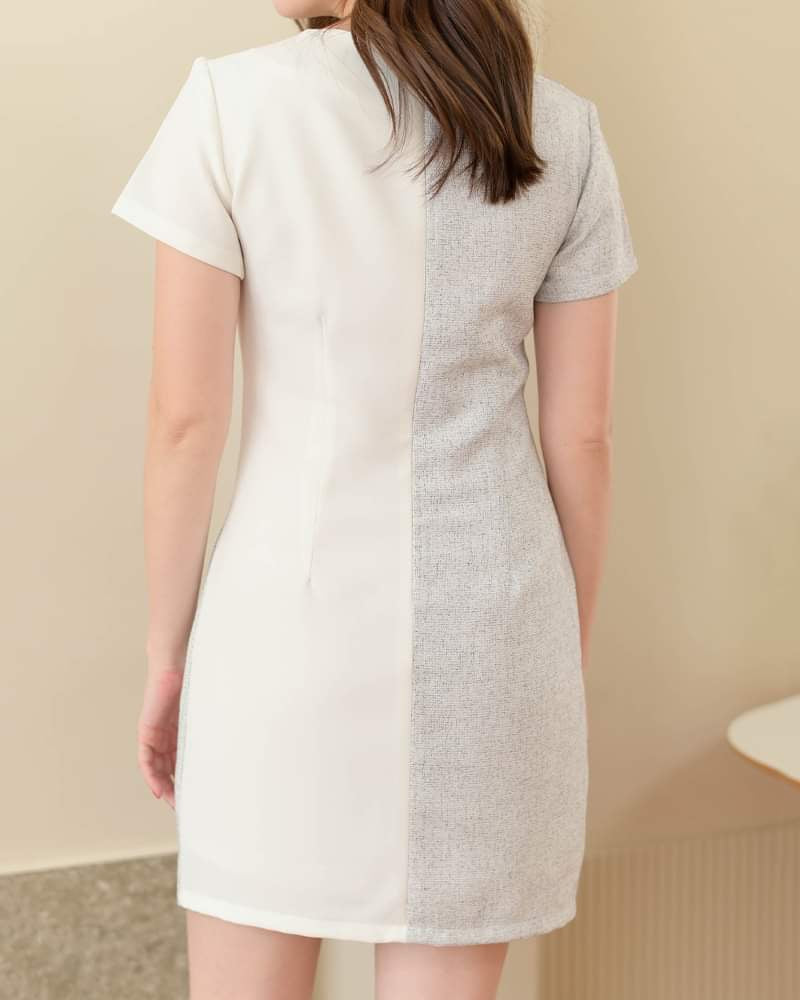 Rikura Dress 拼色格子V領短袖連身裙 - White Gray 白灰色 (CB590)