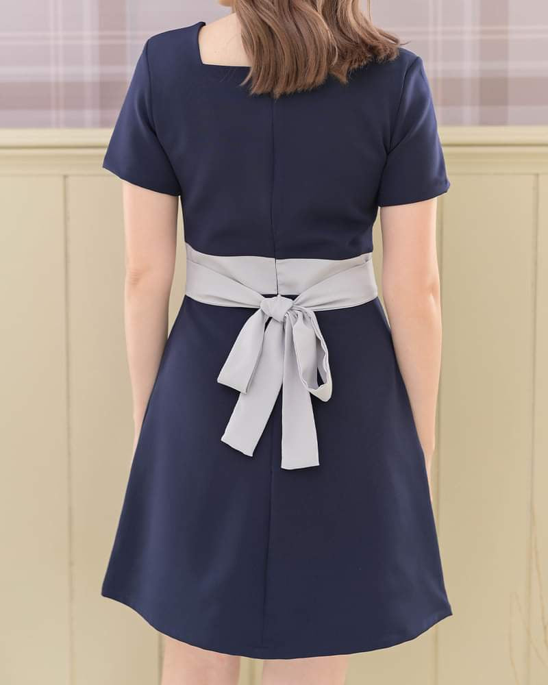 Tammy Dress 平口領蝴蝶腰帶連身裙 - Navy 軍藍色 (CB541)