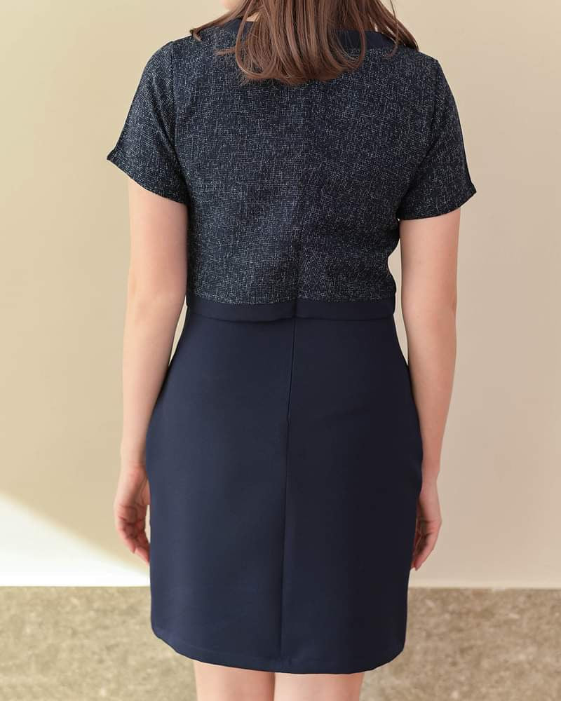 Dreamy Dress 拼色小香風圓領短袖連身裙 - Navy 深藍色 (CB582)