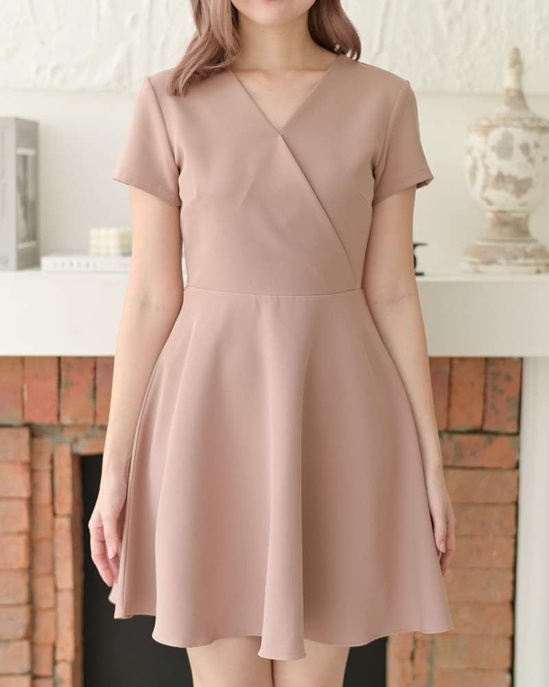 Jasmine Dress 純色疊領短袖貼身傘型連身裙 - Rosy Brown 粉棕色 (CB593)
