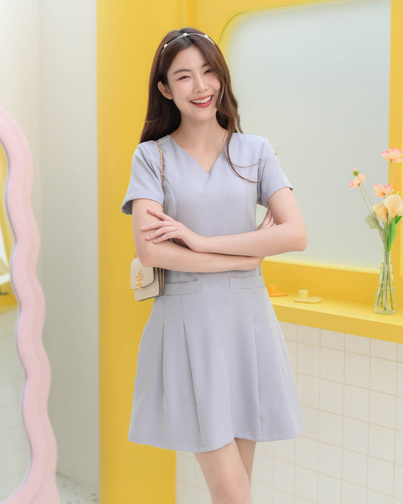 CB685 Barry Dress V領雙袋短袖百褶裙 - Grey Purple 灰紫色