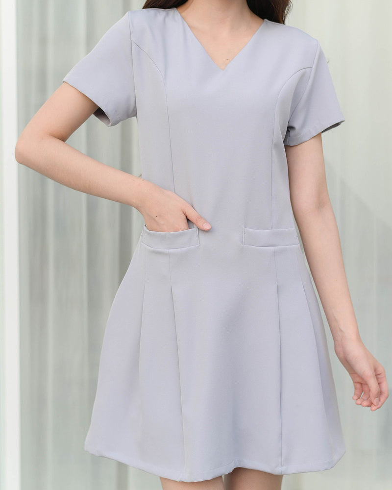 CB685 Barry Dress V領雙袋短袖百褶裙 - Grey Purple 灰紫色