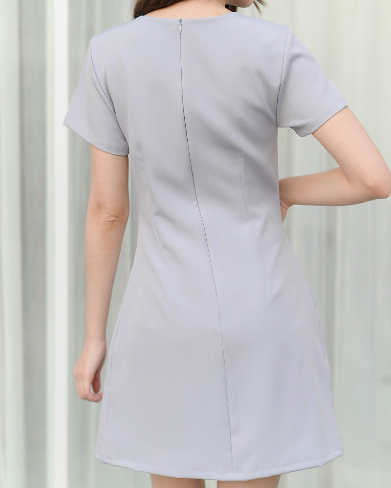CB685 Barry Dress V領雙袋短袖百褶裙 - Grey Purple 灰紫色
