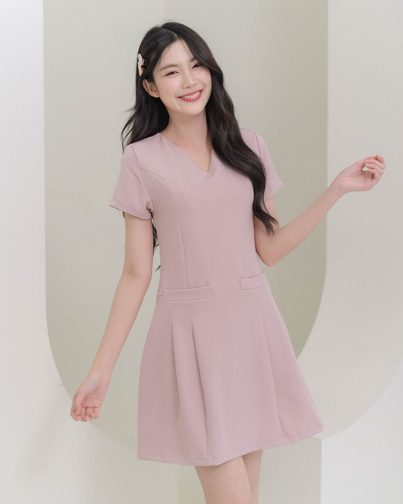 CB685 Barry Dress V領雙袋短袖百褶裙 - Pink 粉紅色