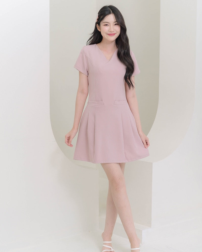 CB685 Barry Dress V領雙袋短袖百褶裙 - Pink 粉紅色