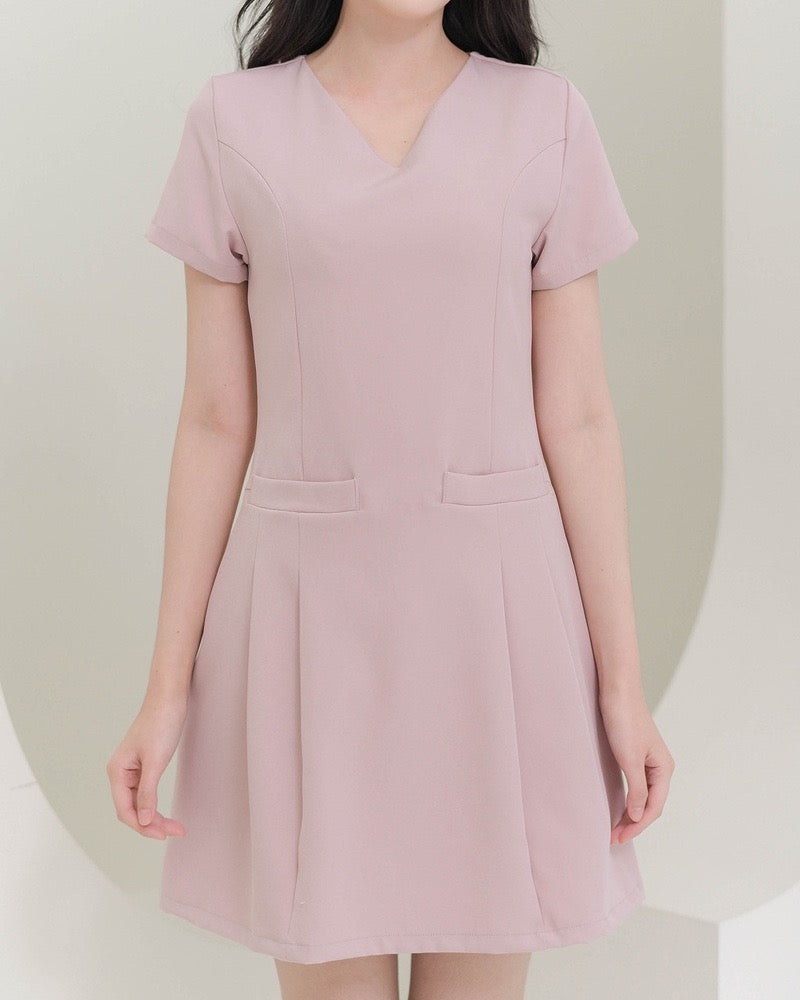 CB685 Barry Dress V領雙袋短袖百褶裙 - Pink 粉紅色