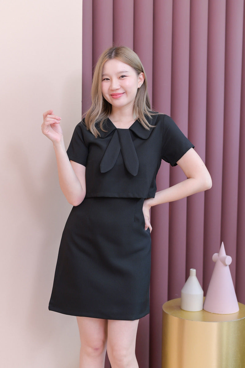 Andi Dress 小領呔圓領仿兩件短袖連身裙- Black 黑色 (CB599)