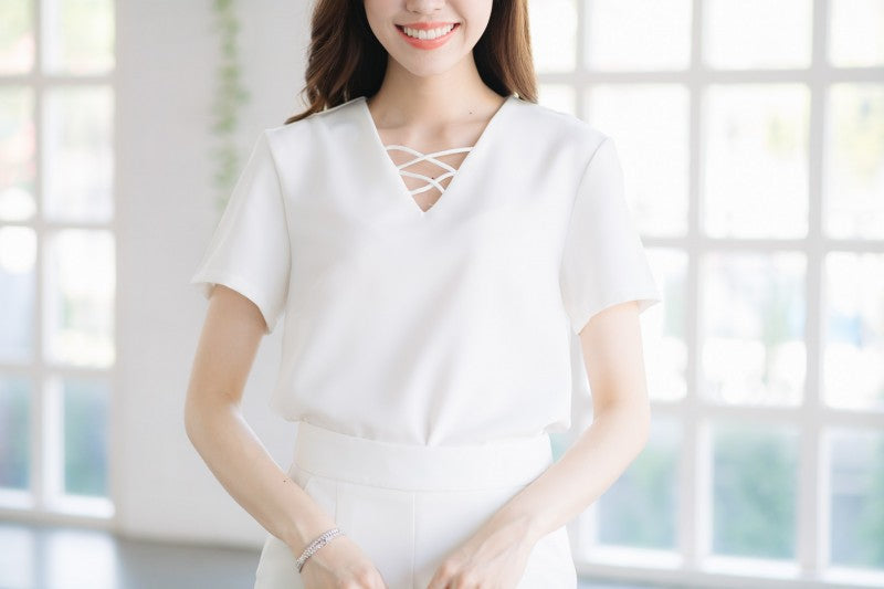 Double X Top 單色交叉領口設計上衣 - White 白色(CB5834)