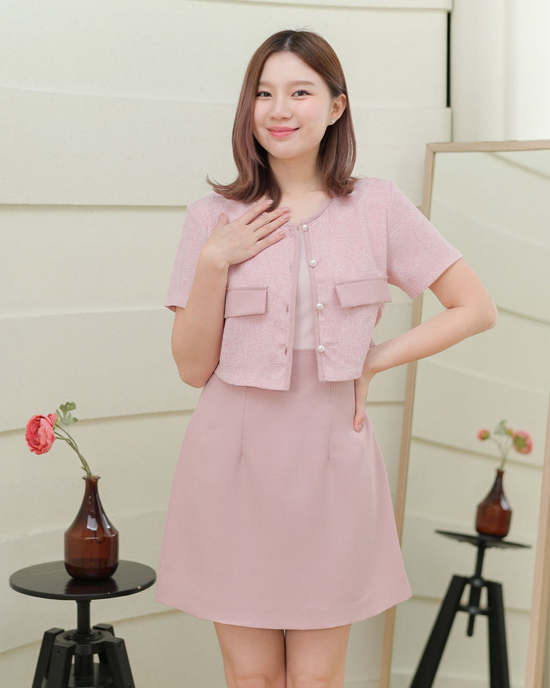 Zuzee Dress 小香風仿兩件外套A字連身裙 - Light Pink 粉紅色 (CB539)