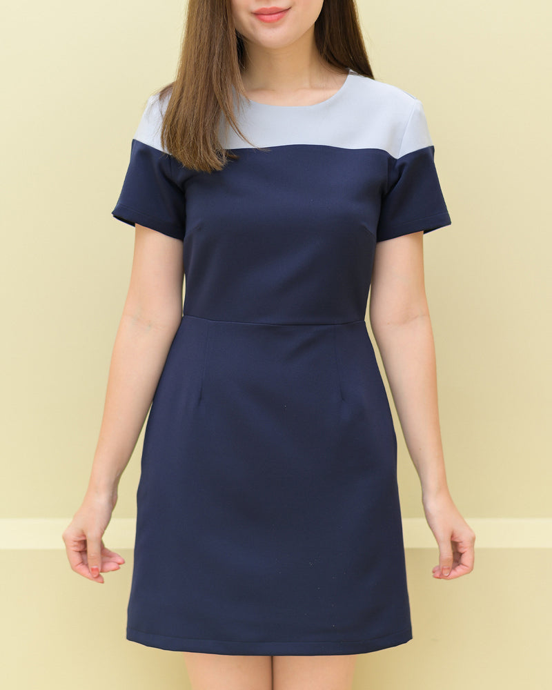 Ava Dress 兩色拼接圓領短袖連身裙 - Navy 深藍色 (CB536)