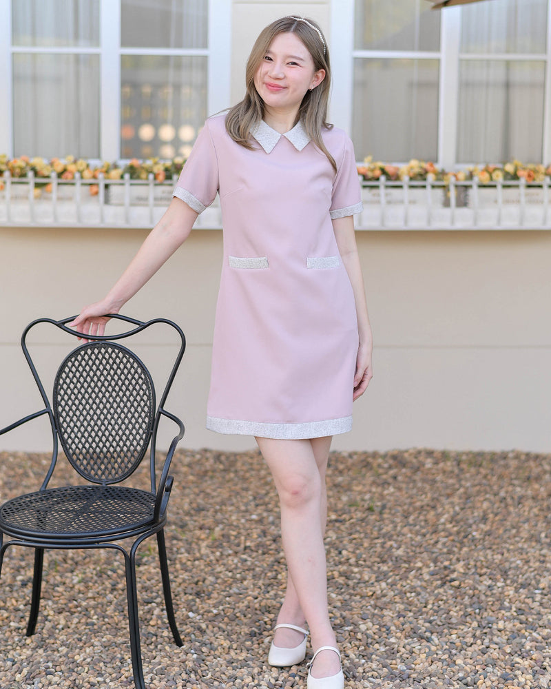 Icream dress 可愛小領口拼色口袋A型連身裙 - Light Pink 淺粉紅色 (CB612)