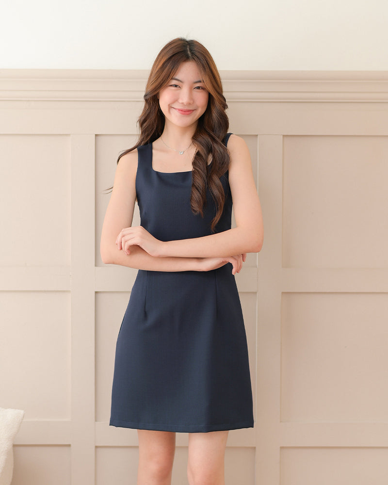 Zaza Sleeveless Dress 平領吊帶連身裙 - Navy 深藍色 (CB533)