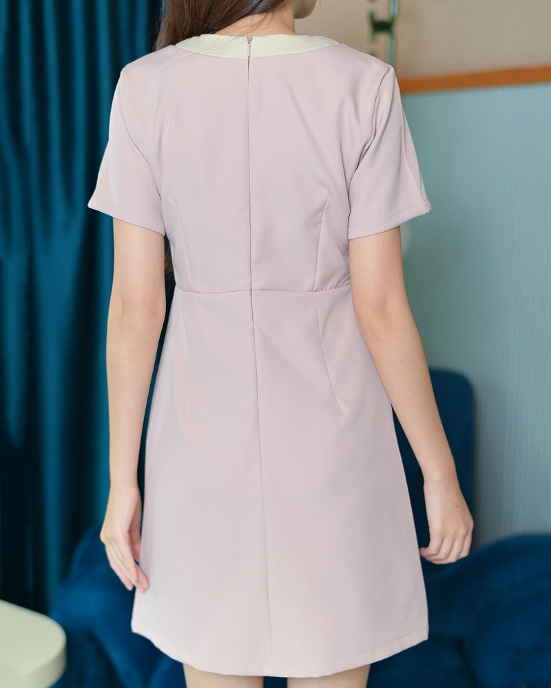 Icy Dress V領拼色飾鈕A字連身裙 - Baby Pink 淺粉紅色 (CB606)