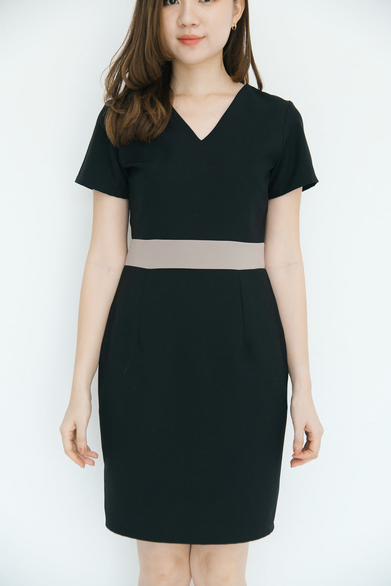 Twotone Bar Dress 小V領拼色腰帶連身裙 -Black 黑色 (CB585)