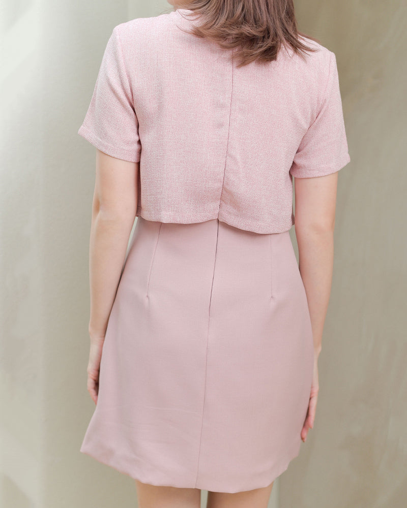 Zuzee Dress 小香風仿兩件外套A字連身裙 - Light Pink 粉紅色 (CB539)