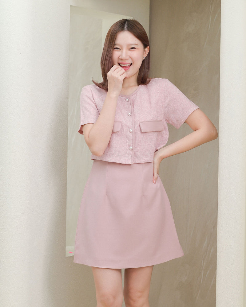 Zuzee Dress 小香風仿兩件外套A字連身裙 - Light Pink 粉紅色 (CB539)