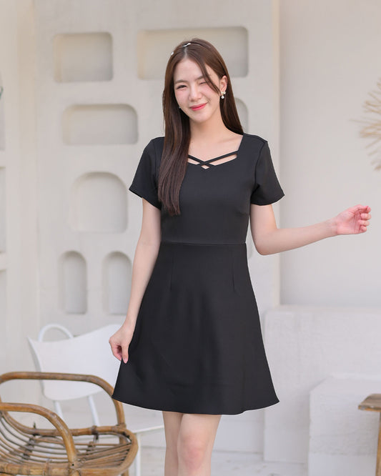 Sofia Dress 縷空領口連身傘裙-  Black 黑色 (CB646)
