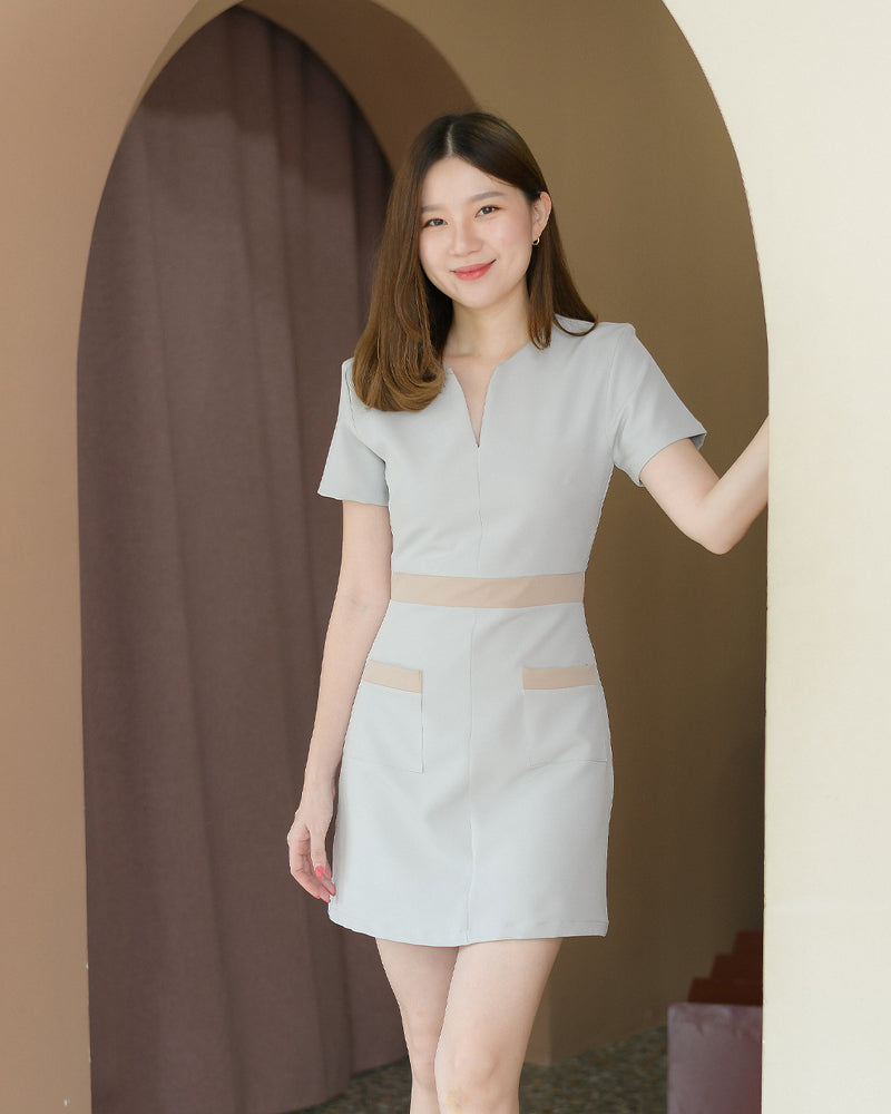 Vanisa Dress 柔軟V領雙色連身裙 - Light Gray 淺灰色 (CB552)