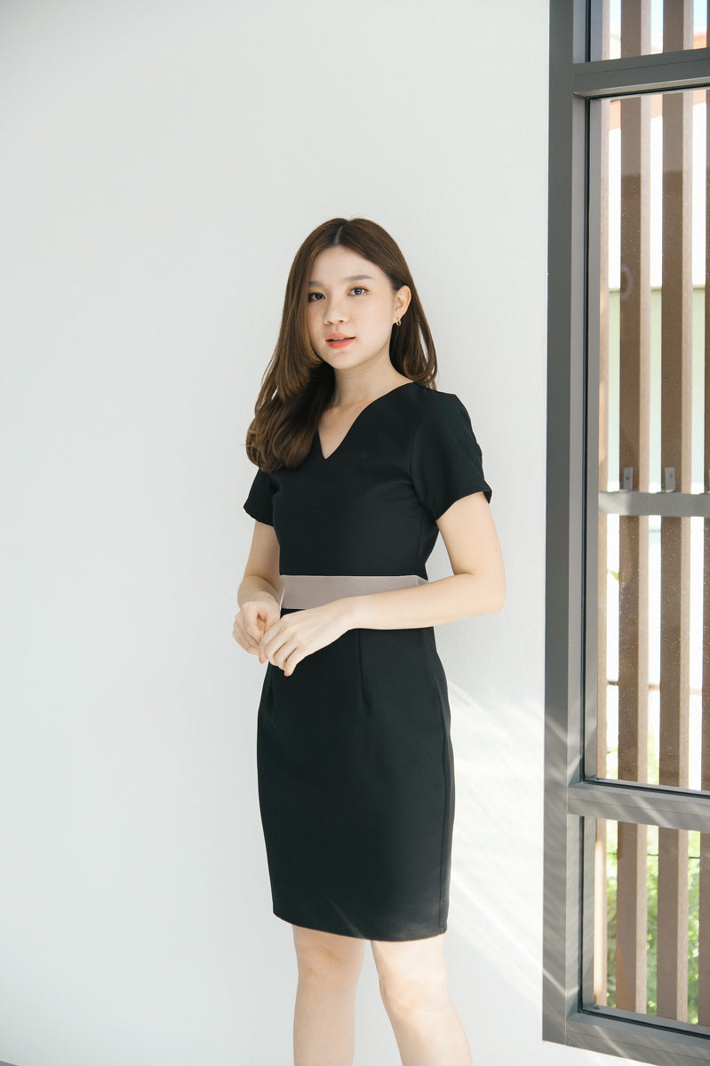 Twotone Bar Dress 小V領拼色腰帶連身裙 -Black 黑色 (CB585)