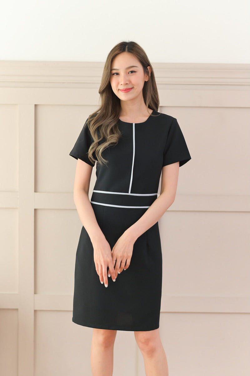 Linlin Dress 圓領線紋短袖修身連身裙- Black 黑色 (CB567)