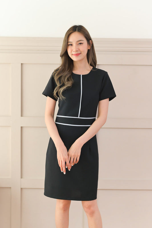 Linlin Dress 圓領線紋短袖修身連身裙- Black 黑色 (CB567)
