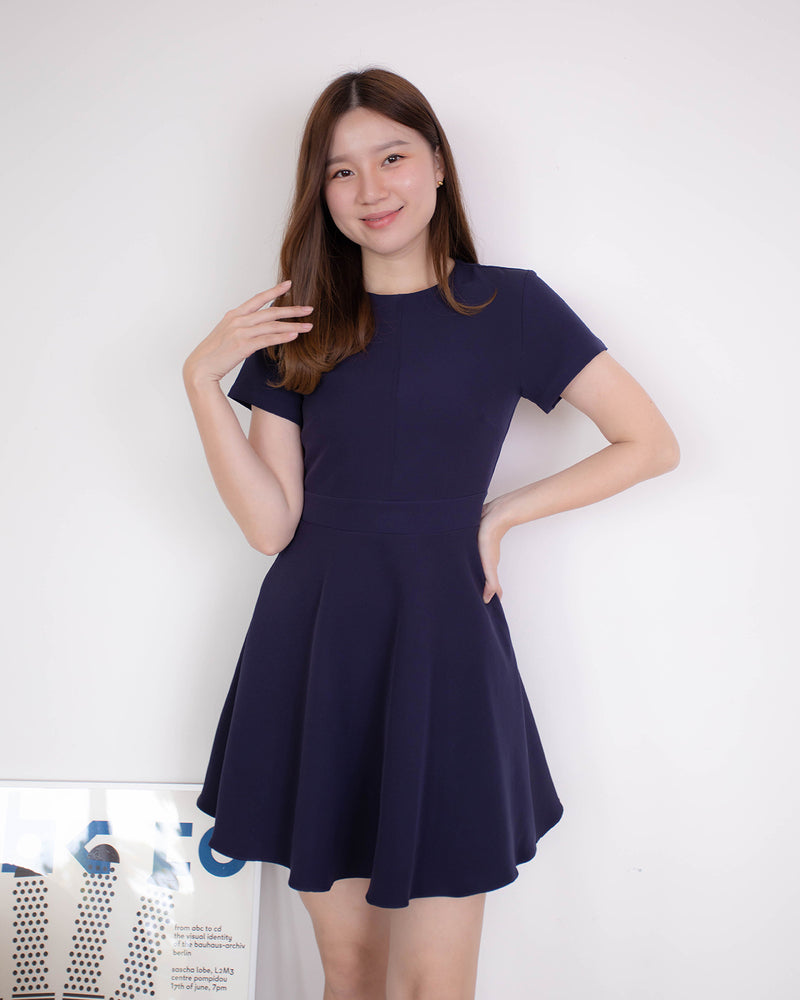 Fairy dress 純色圓領短袖貼身傘型連身裙 - Navy 深藍色 (CB547)