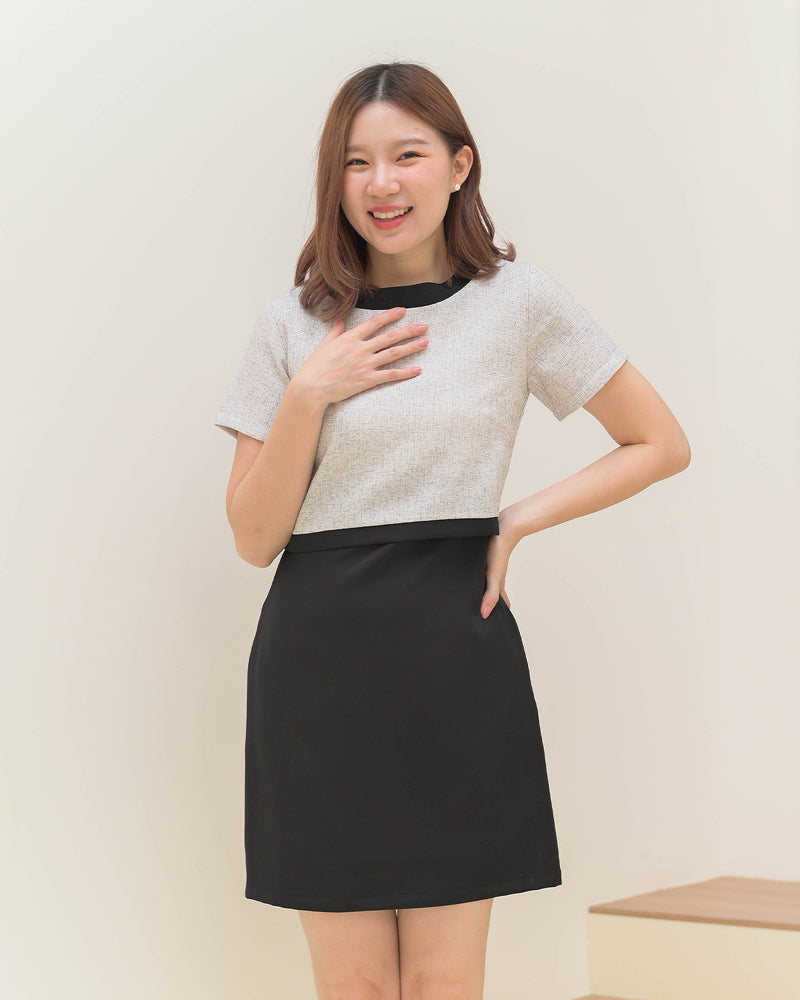 Dreamy Dress 拼色小香風圓領短袖連身裙 - White Black 黑白色 (CB582)
