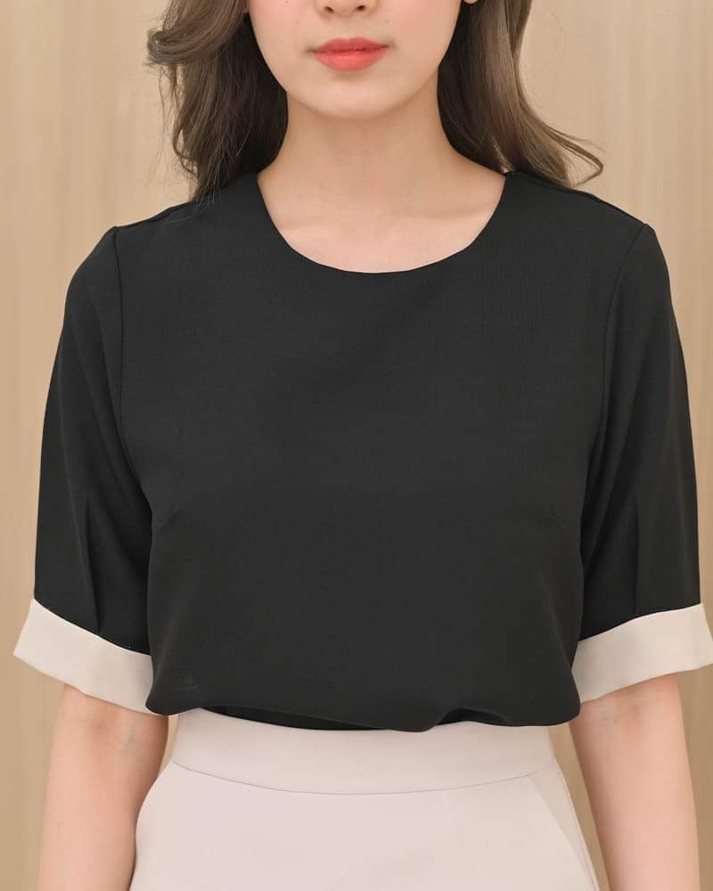 Pinny Top 拼色夏季短袖上衣 - 黑色 Black (CB578)