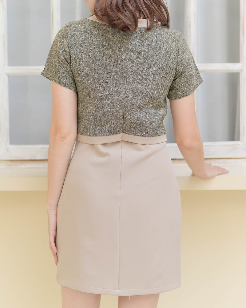 Dreamy Dress 拼色小香風圓領短袖連身裙 - Brown Cream 粉啡色 (CB582)