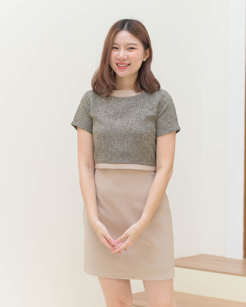 Dreamy Dress 拼色小香風圓領短袖連身裙 - Brown Cream 粉啡色 (CB582)