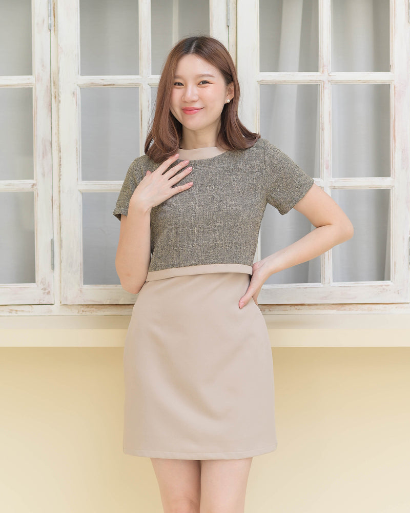 Dreamy Dress 拼色小香風圓領短袖連身裙 - Brown Cream 粉啡色 (CB582)