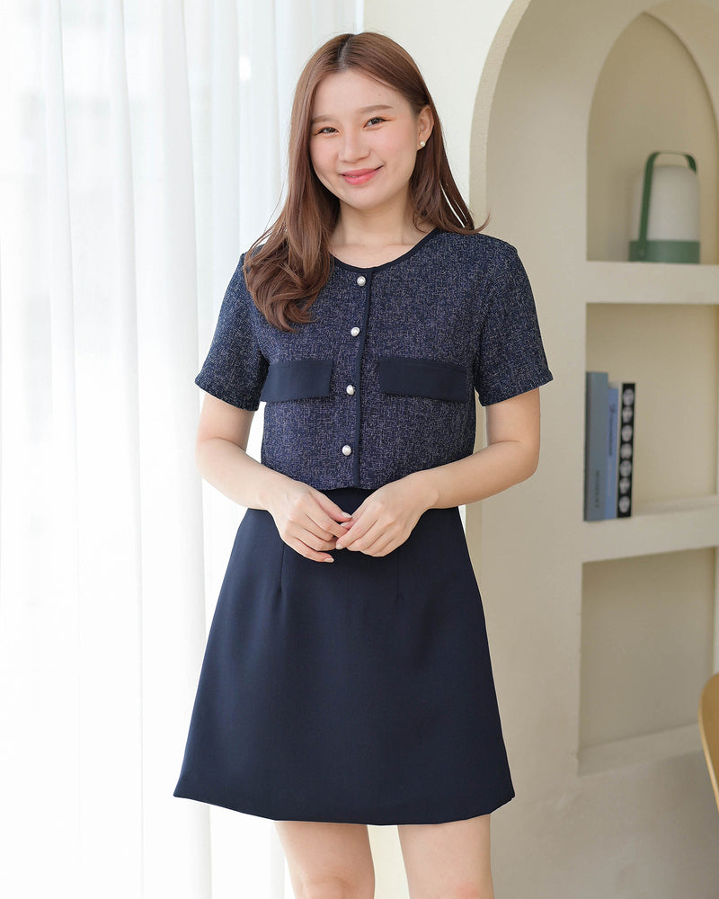Zuzee Dress 小香風仿兩件外套A字連身裙 - Navy 深藍色 (CB539)